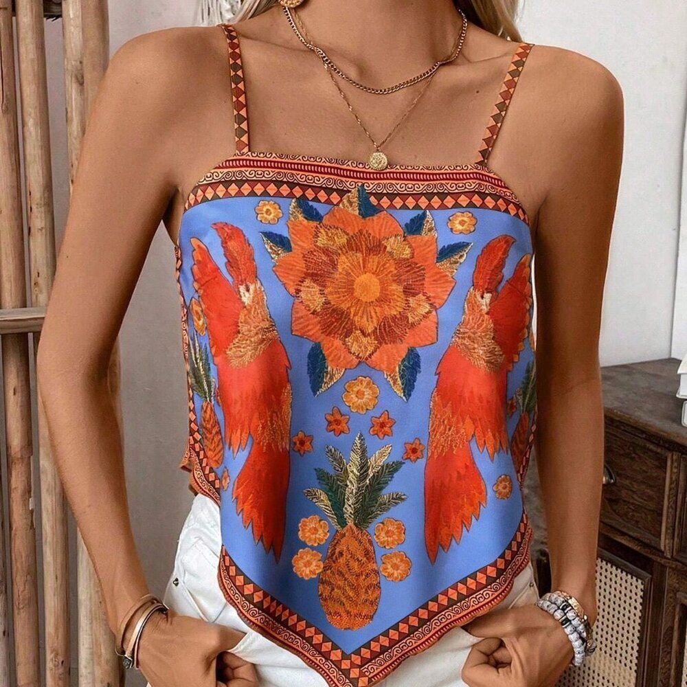 Blue Boho Women's Casual Loose Plant Graphic Camisole